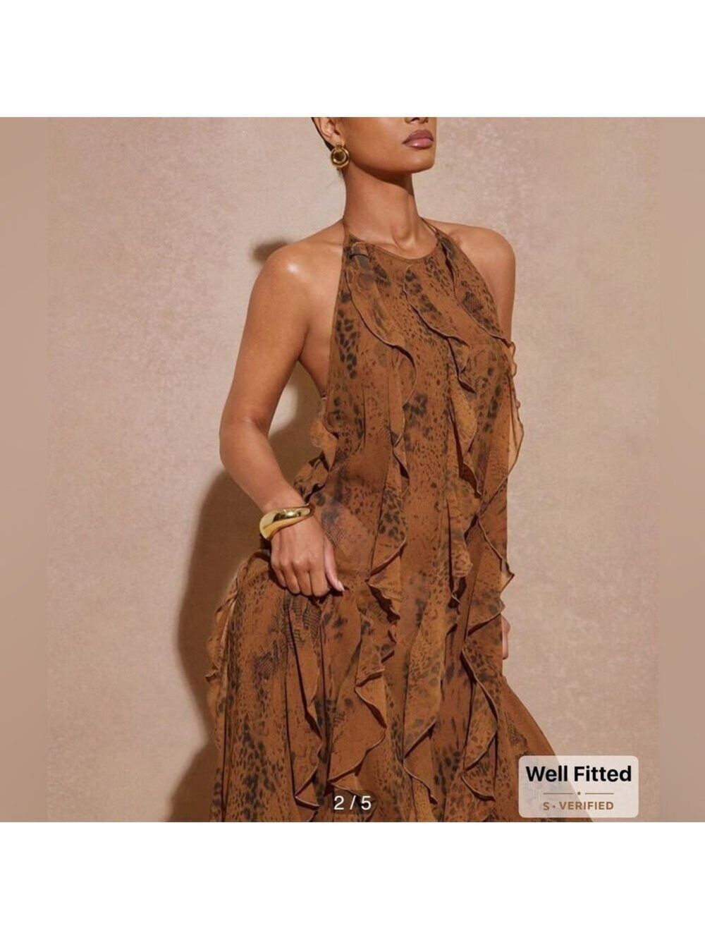 HAUTE Chocolate Brown Ruffled Halter maxi dress Flowy feminine  Semi sheer  sz 2